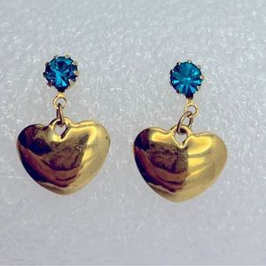 Vintage Avon GoldTone Puffy Heart Earrings with Teal Color Stone.